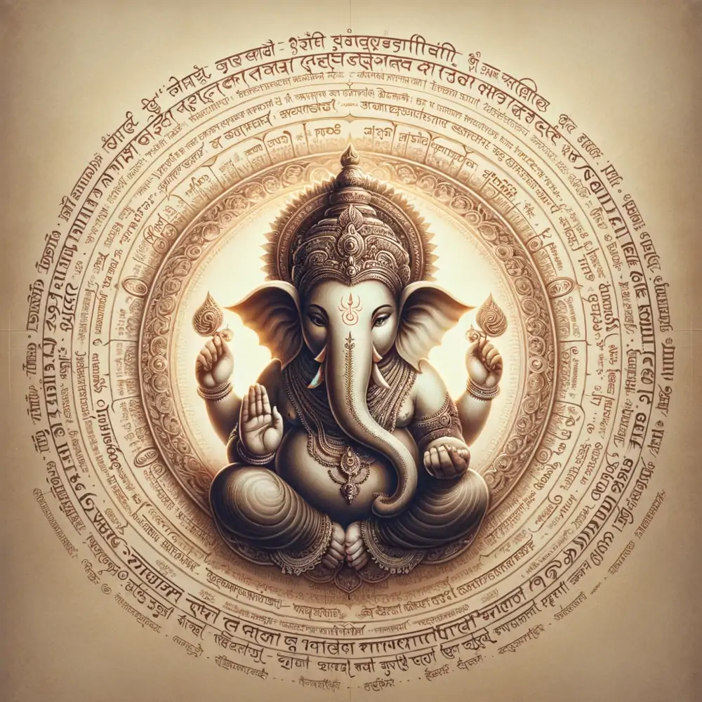 Lord Ganesha seated, encircled by his 108 names