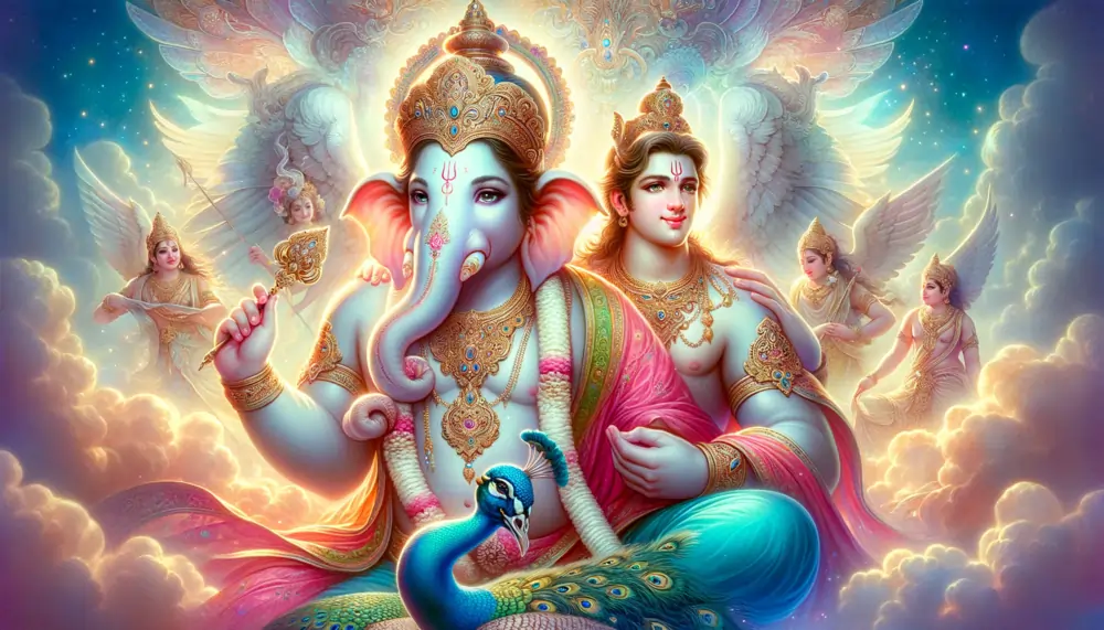 Lord Ganesha and his brother Kartik seated among the clouds, with Kartik’s peacock