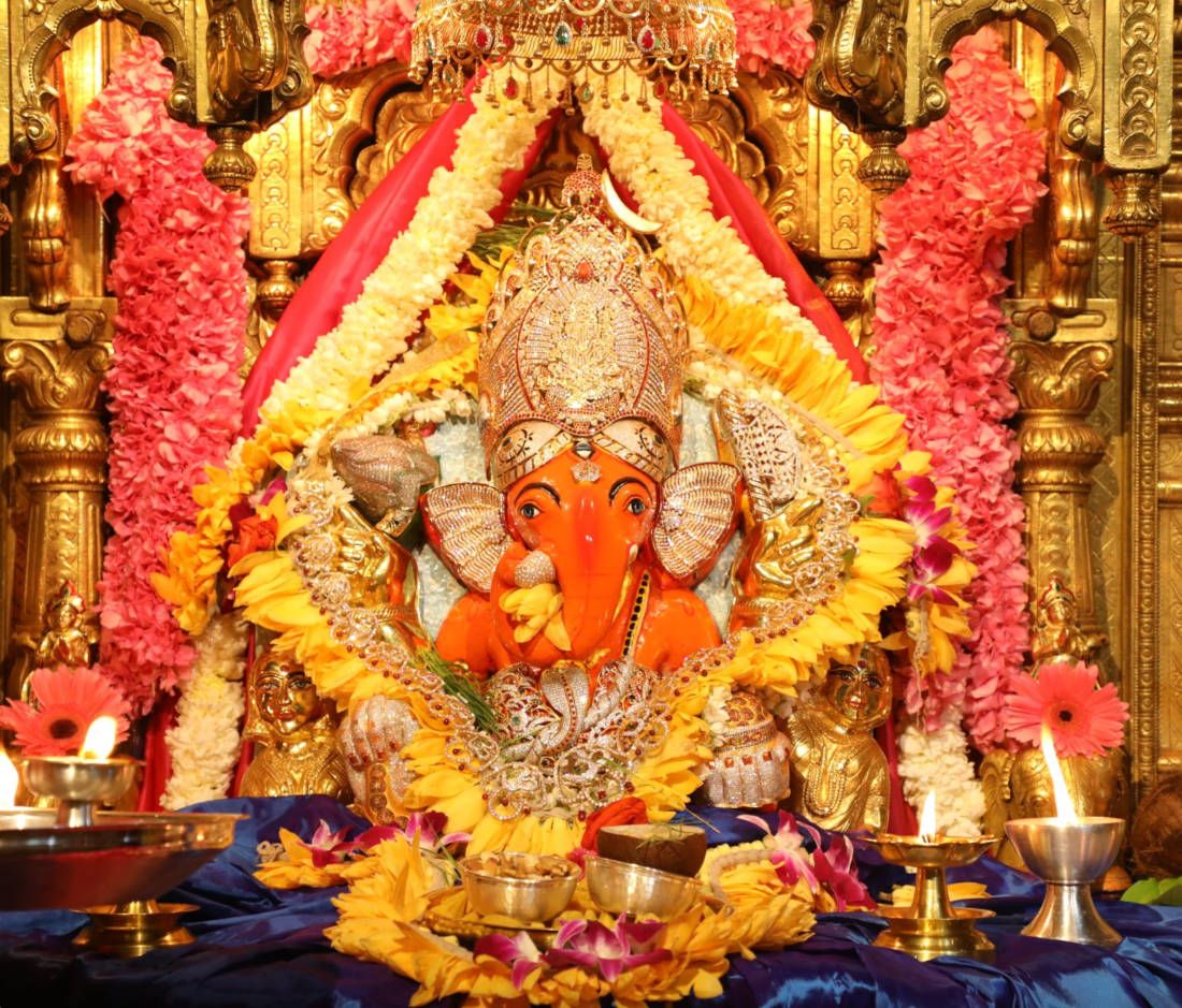 The Siddhivinayak idol of Lord Ganesha in Mumbai, decorated with marigold garlands