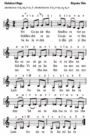 Sheet music for a Ganesha song in Malahari raga, Rupaka tala, with its lyrics