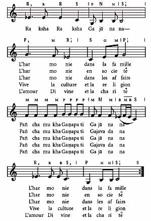 Sheet music for a Ganesha song with its lyrics in several languages