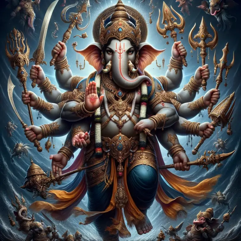 Vira Ganapati: The Valiant Warrior Lord with Sixteen Arms